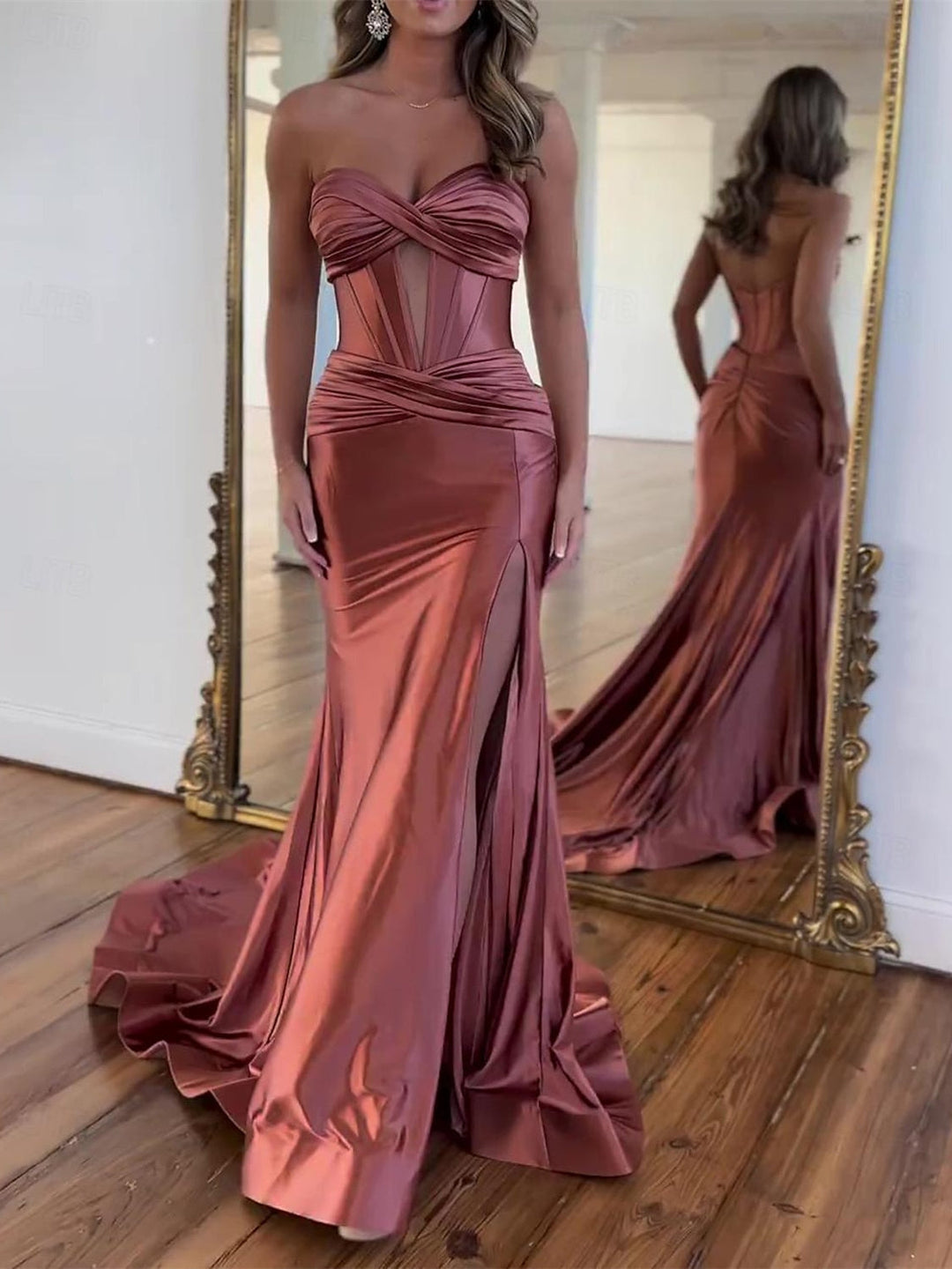 A-Line/Princess Prom Dress Basque Waist Strapless Sleeveless Floor-Length Slit Ruched Corset Formal Dresses