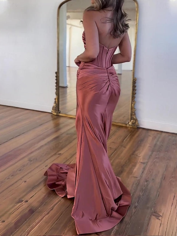 A-Line/Princess Prom Dress Basque Waist Strapless Sleeveless Floor-Length Slit Ruched Corset Formal Dresses