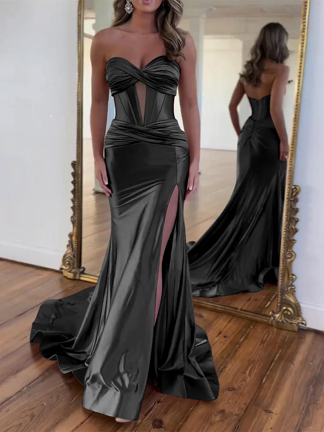 A-Line/Princess Prom Dress Basque Waist Strapless Sleeveless Floor-Length Slit Ruched Corset Formal Dresses