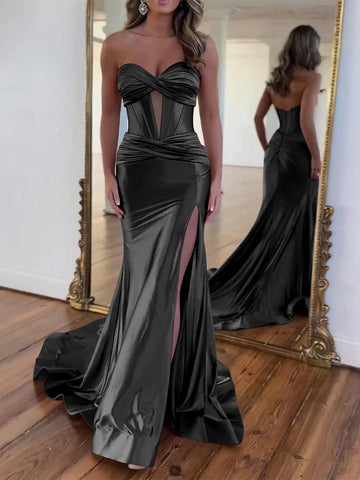 A-Line/Princess Prom Dress Basque Waist Strapless Sleeveless Floor-Length Slit Ruched Corset Formal Dresses