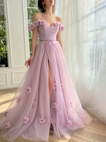 A-Line/Princess Off-the-Shoulder Sleeveless Floor-Length Flower Prom Dresses