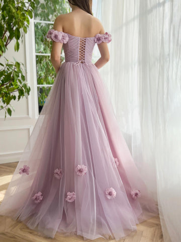 A-Line/Princess Off-the-Shoulder Sleeveless Floor-Length Flower Prom Dresses