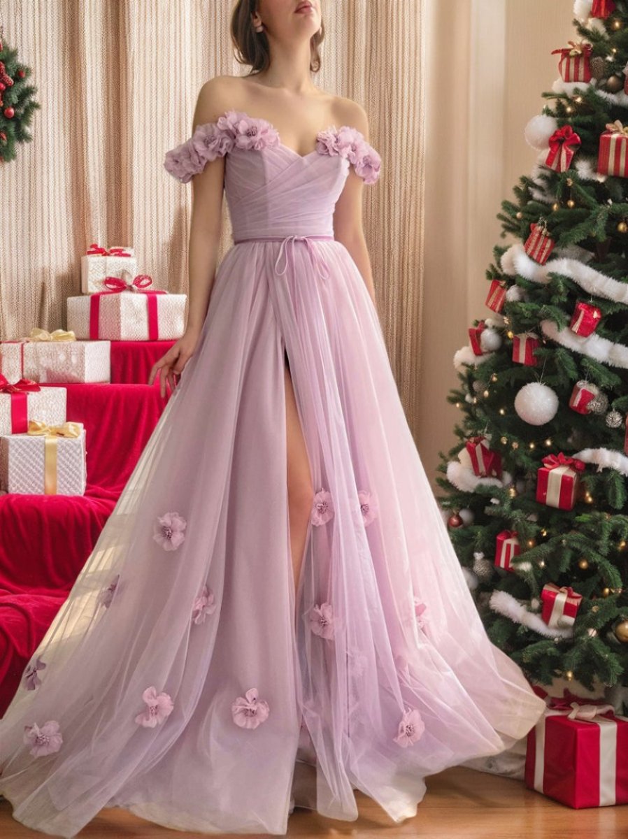 A-Line/Princess Off-the-Shoulder Sleeveless Floor-Length Flower Prom Dresses
