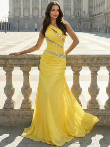 Sheath/Column One-Shoulder Sleeveless Floor-Length Evening Dress with Ruched, Sequin & Crystals