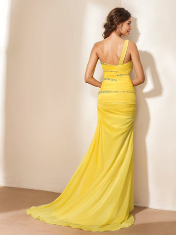 Sheath/Column One-Shoulder Sleeveless Floor-Length Evening Dress with Ruched, Sequin & Crystals