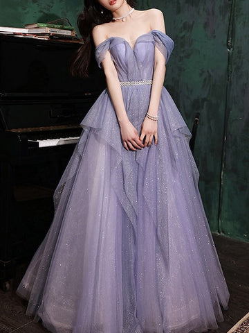 A-Line/Princess Long Prom Dress Tulle Sweetheart Sleeveless Floor-Length Elegant Prom Dresses With Sequins