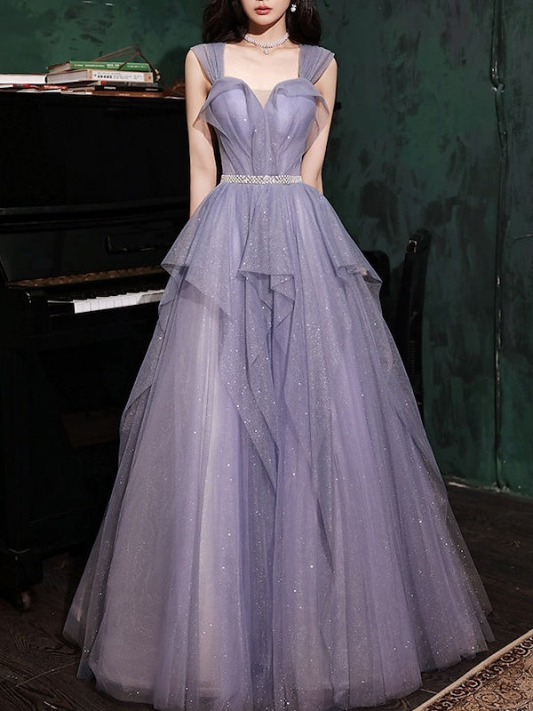 A-Line/Princess Long Prom Dress Tulle Sweetheart Sleeveless Floor-Length Elegant Prom Dresses With Sequins