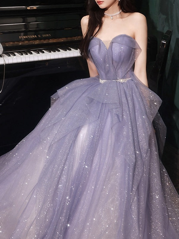 A-Line/Princess Long Prom Dress Tulle Sweetheart Sleeveless Floor-Length Elegant Prom Dresses With Sequins
