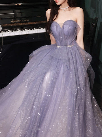 A-Line/Princess Long Prom Dress Tulle Sweetheart Sleeveless Floor-Length Elegant Prom Dresses With Sequins