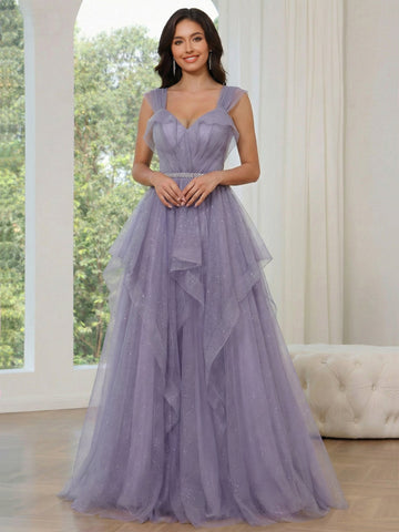 A-Line/Princess Long Prom Dress Tulle Sweetheart Sleeveless Floor-Length Elegant Prom Dresses With Sequins