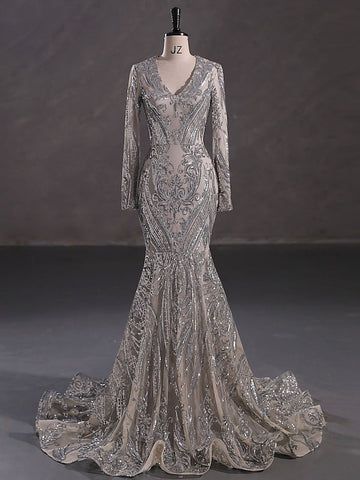 Trumpet/Mermaid V-Neck Long Sleeves Floor-Length Evening Dresses with Sequin