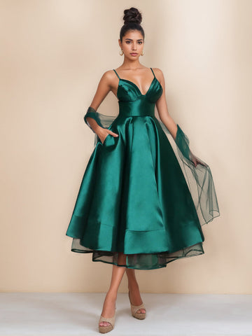 A-Line/Princess Spaghetti Straps Sleeveless Tea-Length Cocktail Dresses With Wrap