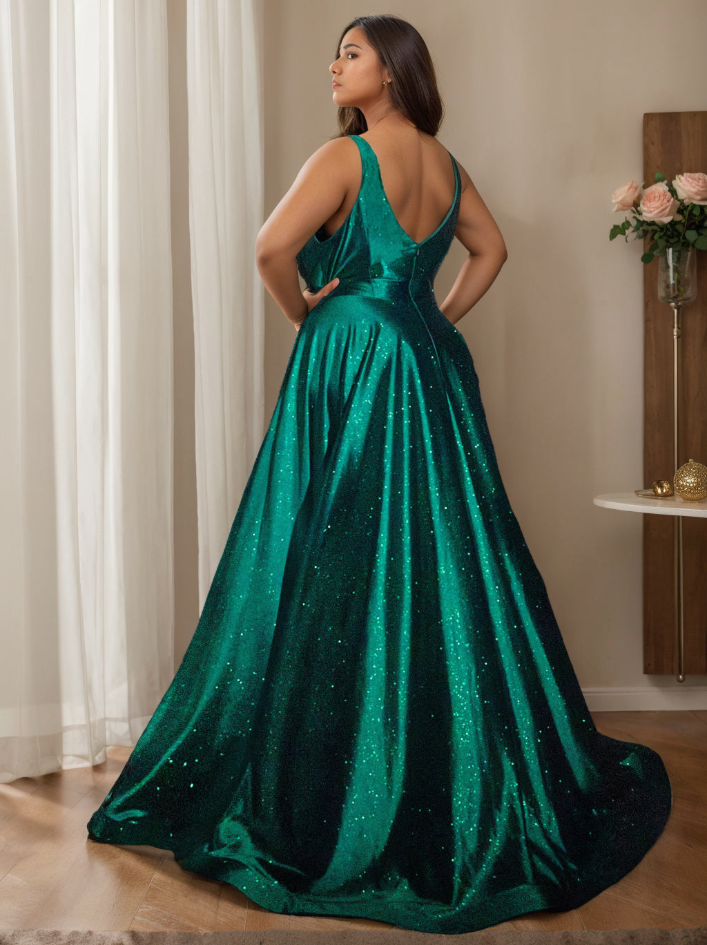 A-Line/Princess Prom Dress V-Neck Sleeveless Floor-Length Prom Dresses with Split Side