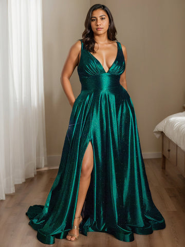 A-Line/Princess Prom Dress V-Neck Sleeveless Floor-Length Prom Dresses with Split Side