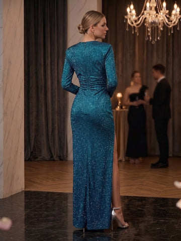 Sheath/Column Deep V-Neck Long Sleeves Floor-Length Evening Dresses with Split Side