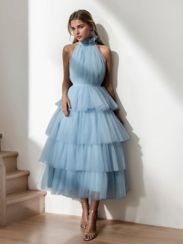 A-Line/Princess Cocktail Dress Halter Neck Sleeveless Tea-Length Prom Dresses with Lace