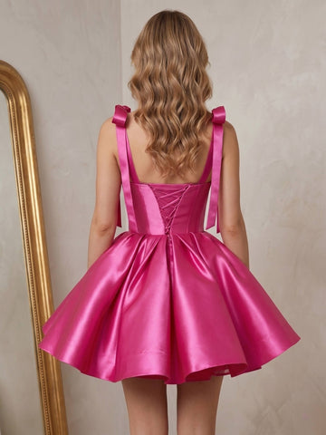 A-Line Short/Mini Homecoming Dresses Spaghetti Straps Hot Pink Sweetheart Berbie Sleeveless Liquid Satin With Bow