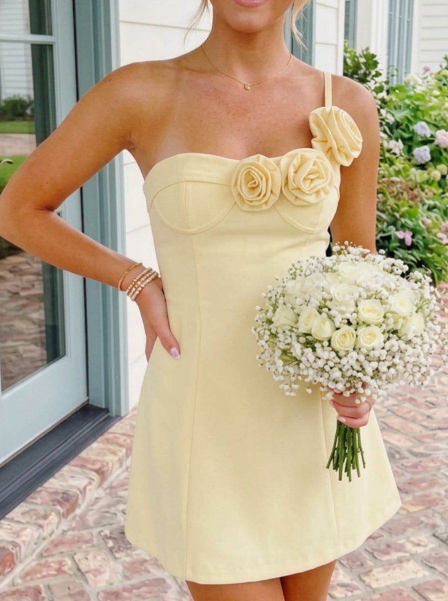 A-Line/Princess Asymmetrical Neck Stretch Satin Homecoming Dress With 3D Flowers Sleeveless Short/Mini