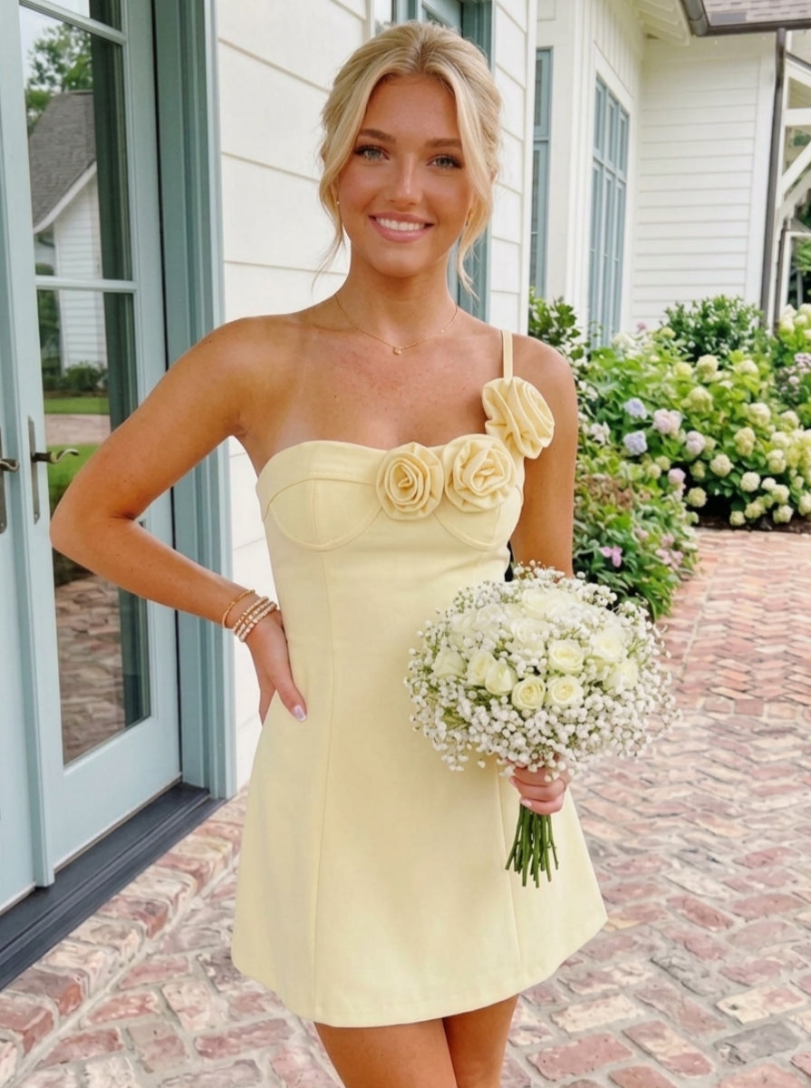 A-Line/Princess Asymmetrical Neck Stretch Satin Homecoming Dress With 3D Flowers Sleeveless Short/Mini