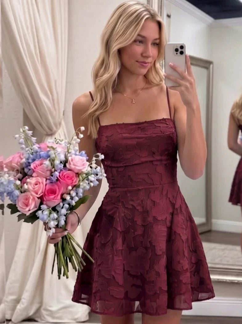 A-Line/Princess Spaghetti Straps Chiffon Homecoming Dresses Floral Sleeveless Short/Mini