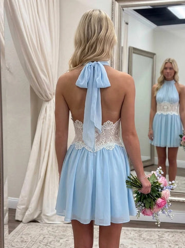 A-Line/Princess Halter Chiffon Homecoming Dresses Sleeveless Short/Mini Lace Floral