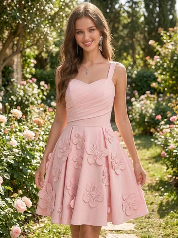 A-Line/Princess SweetHeart Stretch Satin Homecoming Dresses with 3D Flowers Sleeveless Short/Mini
