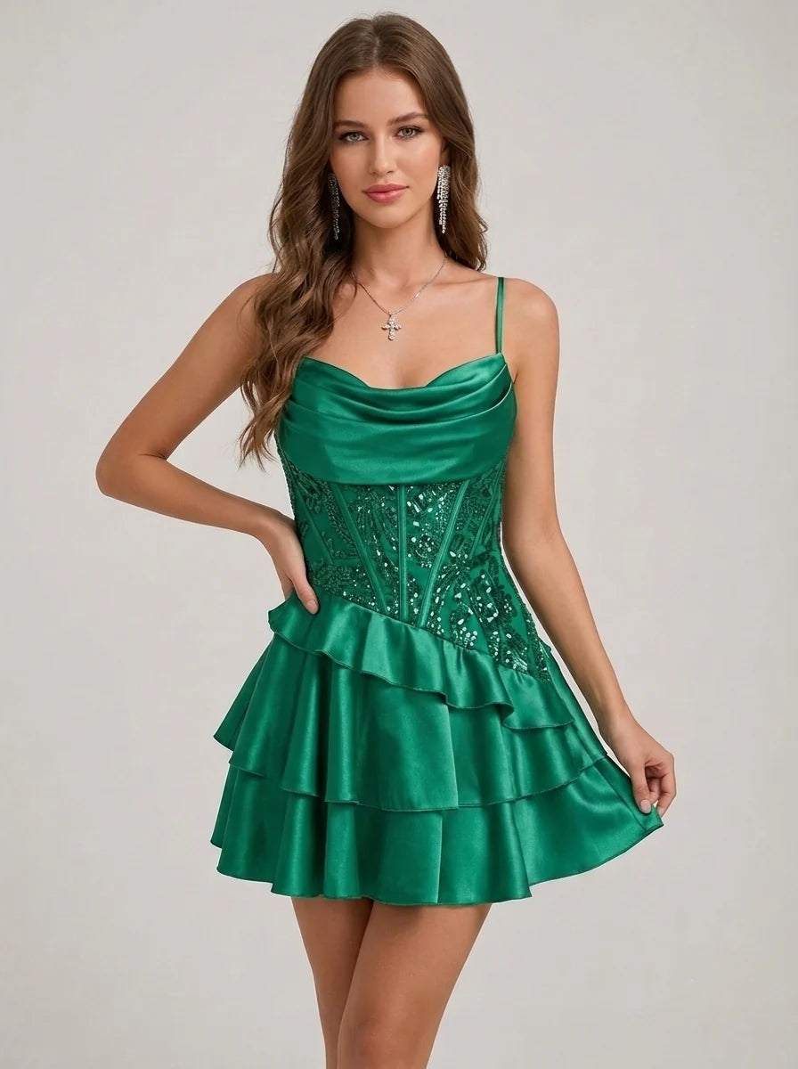 A-Line/Princess Spaghetti Straps Silk Satin Homecoming Dresses Sleeveless Short/Mini Sequins