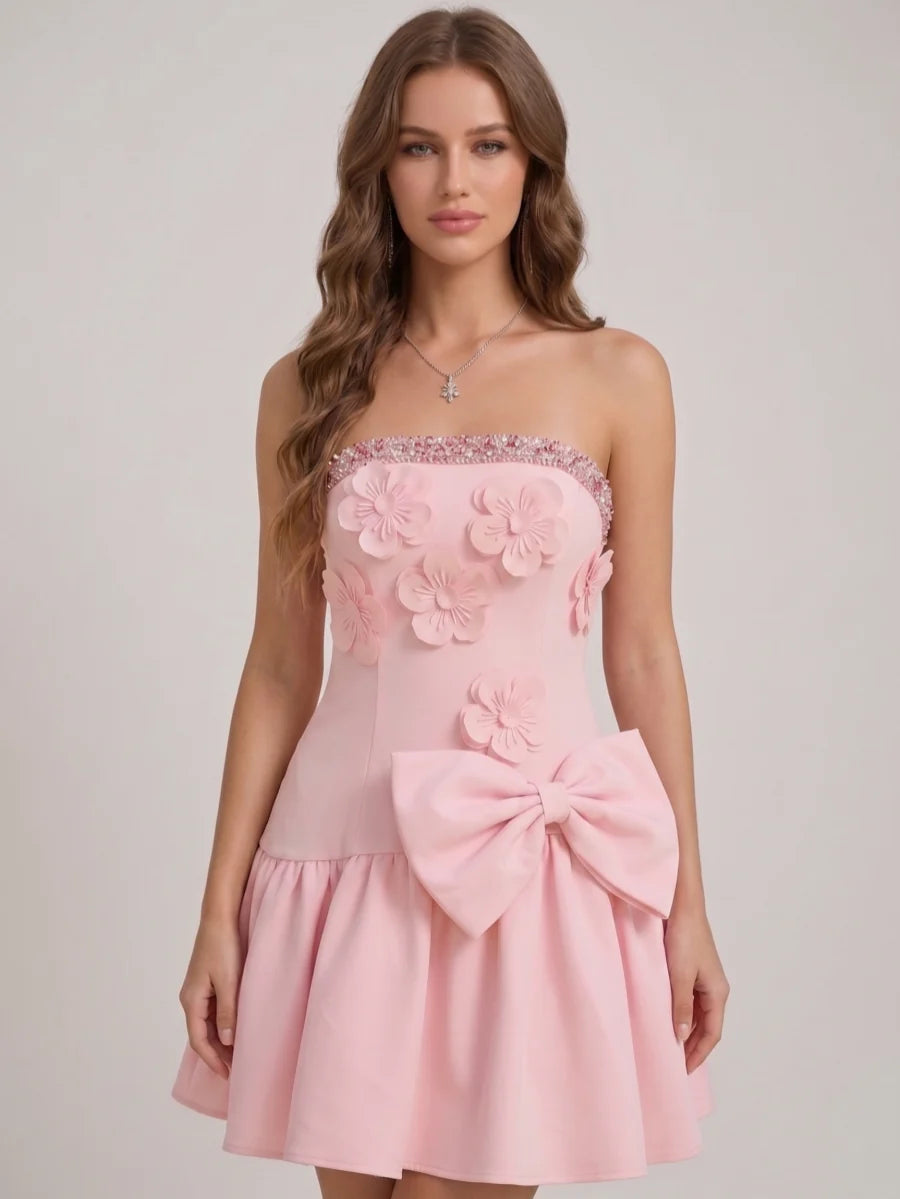 A-Line/Princess Strapless Stretch Satin Homecoming Dresses with 3D Flower Bowknot Sleeveless Short/Mini
