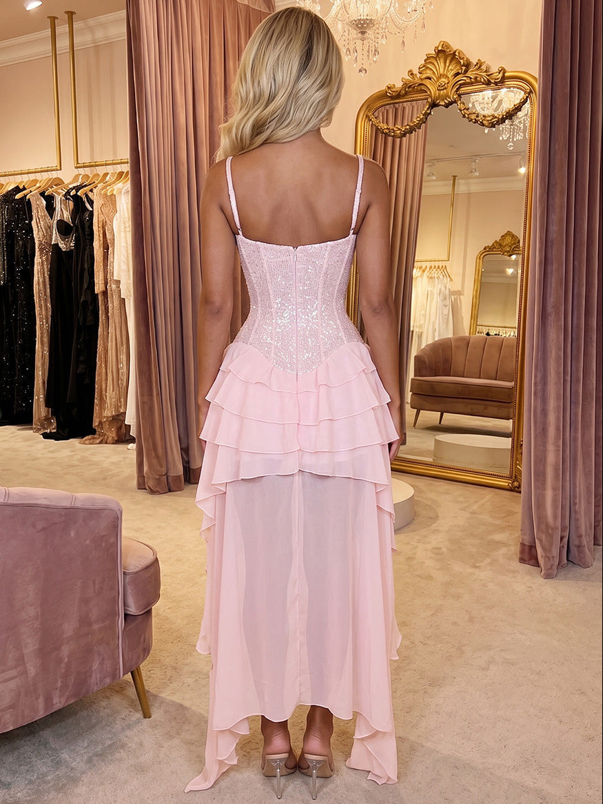 A-Line/Princess Spaghetti Straps Sequins Homecoming Dresses Sleeveless Short/Mini High-Low