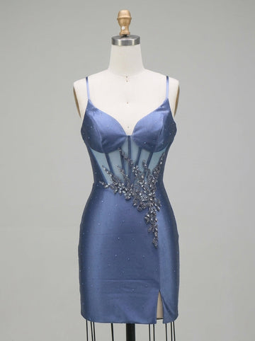 Sheath/Column Spaghetti Straps Sleeveless Short/Mini Homecoming Dresses with Sequins