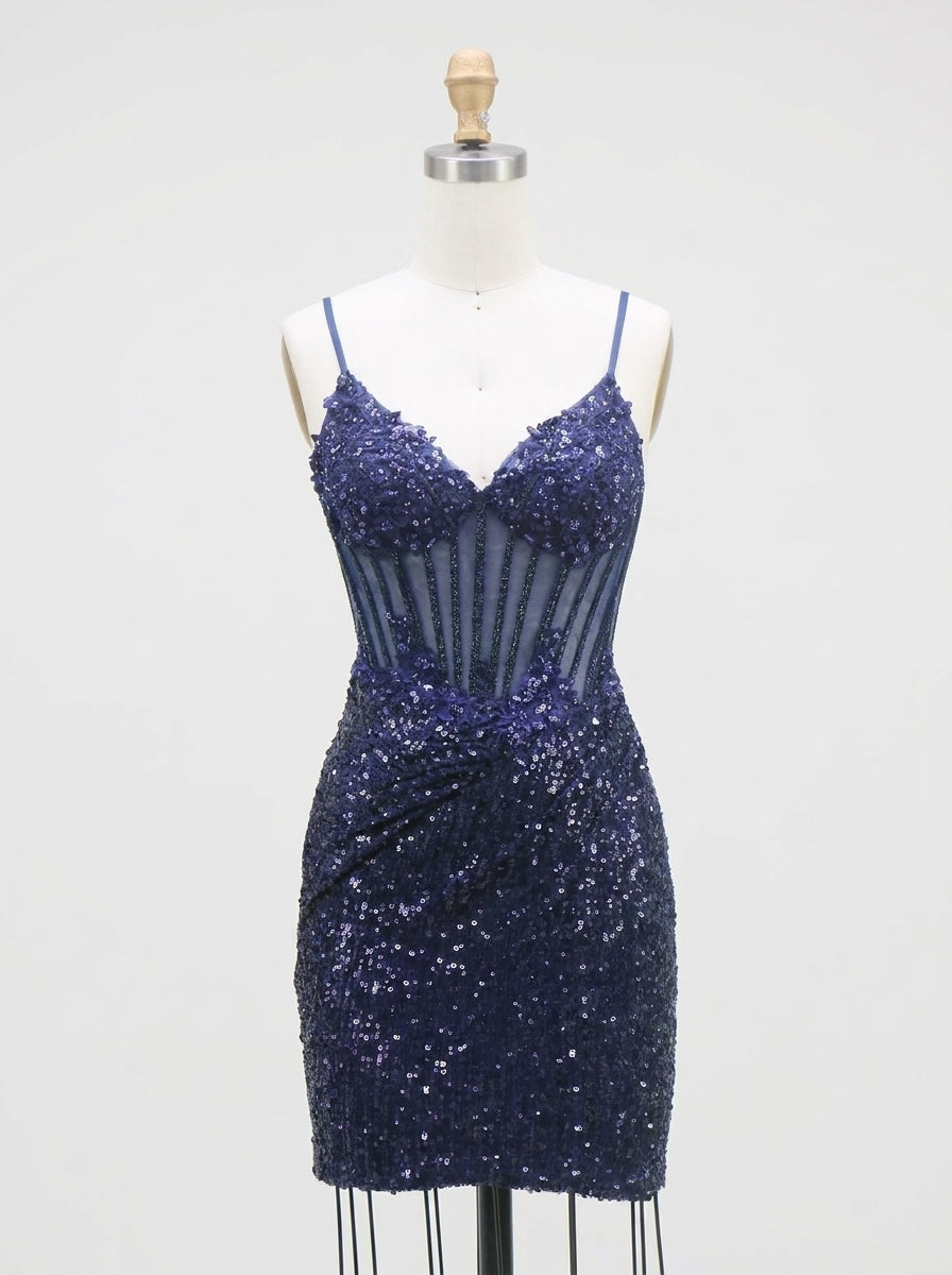 Sheath/Column Spaghetti Straps Sleeveless Short/Mini Homecoming Dresses with Sequins
