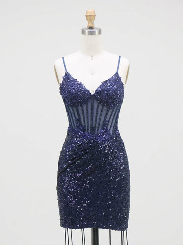 Sheath/Column Spaghetti Straps Sleeveless Short/Mini Homecoming Dresses with Sequins