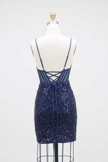Sheath/Column Spaghetti Straps Sleeveless Short/Mini Homecoming Dresses with Sequins
