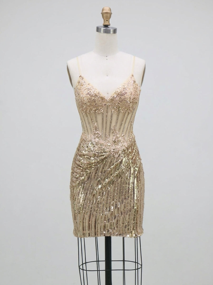 Sheath/Column Spaghetti Straps Sleeveless Short/Mini Homecoming Dresses with Sequins