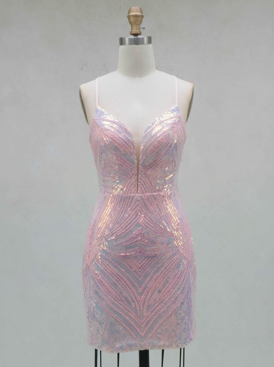 Sheath/Column Spaghetti Straps Sleeveless Short/Mini Homecoming Dresses with Sequins