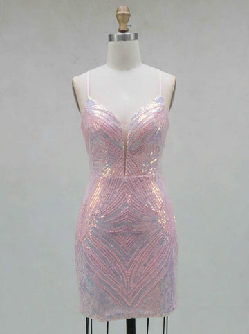 Sheath/Column Spaghetti Straps Sleeveless Short/Mini Homecoming Dresses with Sequins