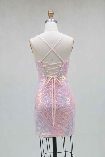Sheath/Column Spaghetti Straps Sleeveless Short/Mini Homecoming Dresses with Sequins