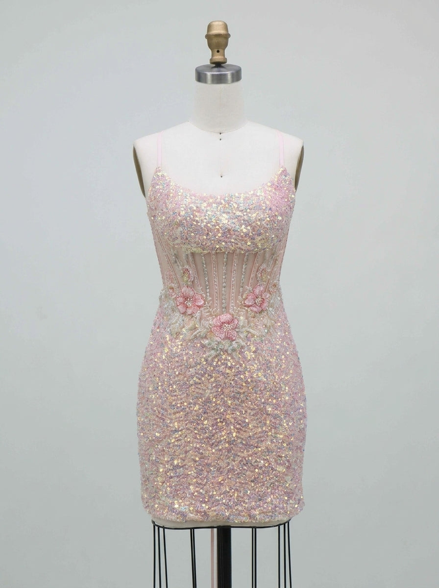 Sheath/Column Spaghetti Straps Sleeveless Short/Mini Homecoming Dresses Floral with Sequins