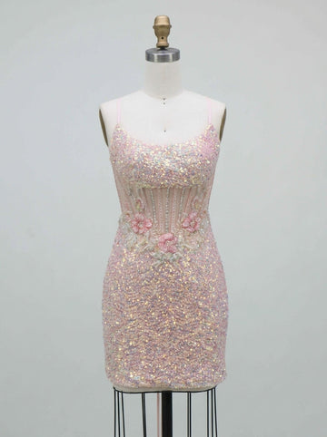 Sheath/Column Spaghetti Straps Sleeveless Short/Mini Homecoming Dresses Floral with Sequins