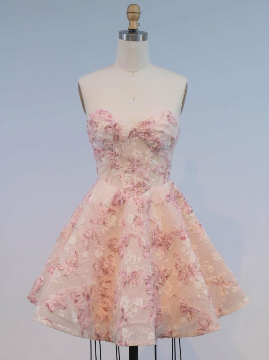 A-Line/Princess Strapless Lace Homecoming Dresses Short/Mini Sleeveless Floral
