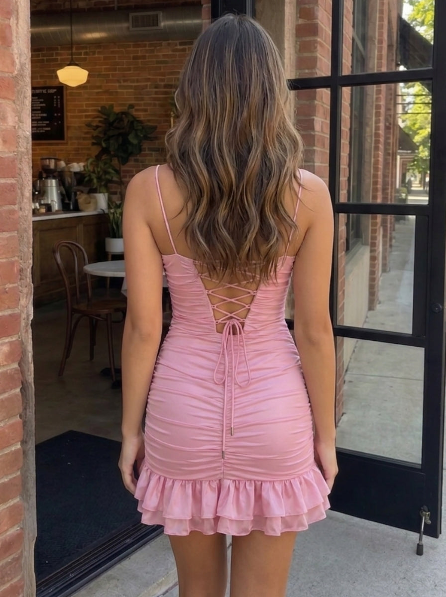 Sheath/Column Spaghetti Straps Homecoming Dresses Chiffon Sleeveless Short/Mini Ruched Ruffles
