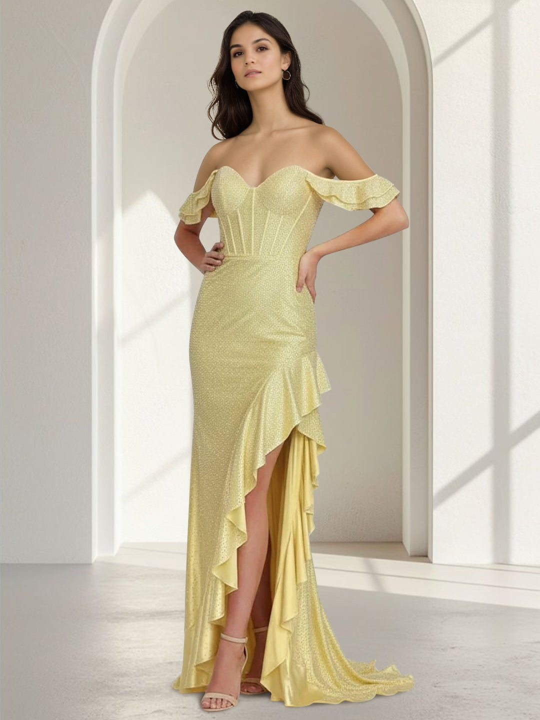Sheath/Column Long Prom Dresses Corset Sweetheart Flying Sleeves Floor-length Satin Dresses With Side Split