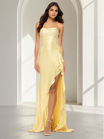 Sheath/Column Long Prom Dress Strapless Sleeveless Floor-Length Glitter Satin Wedding Guest Dresses With Side Split&Ruffles