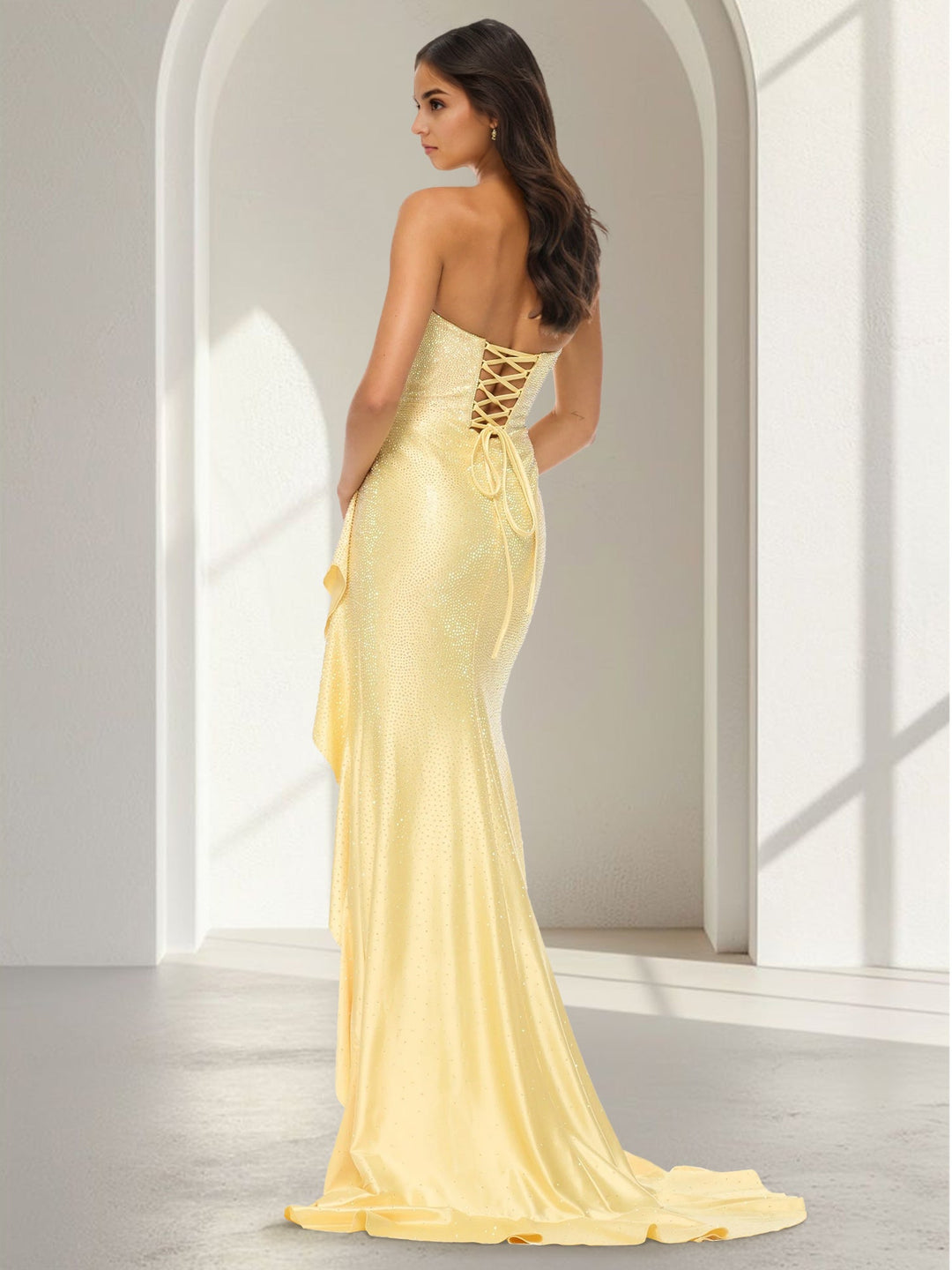 Sheath/Column Long Prom Dress Strapless Sleeveless Floor-Length Glitter Satin Wedding Guest Dresses With Side Split&Ruffles