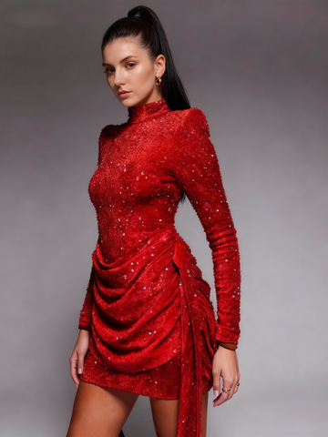 Mermaid Christmas Party Dresses Sequins Cocktail Short/Mini High Neck Long Sleeves Homecoming Ruched