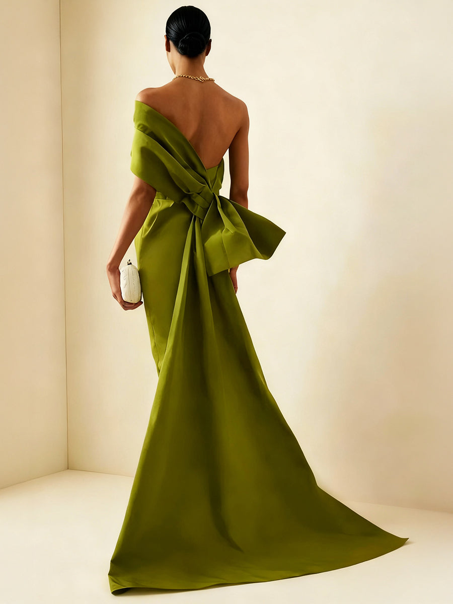 Sheath/Column Evening Dress Taffeta One-Shoulder Sleeveless Ankle-Length Evening Dress With Back Bow