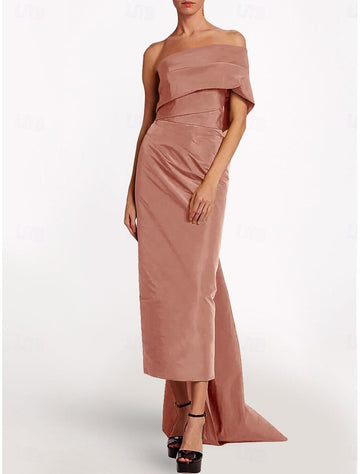 Sheath/Column Evening Dress Taffeta One-Shoulder Sleeveless Ankle-Length Evening Dress With Back Bow