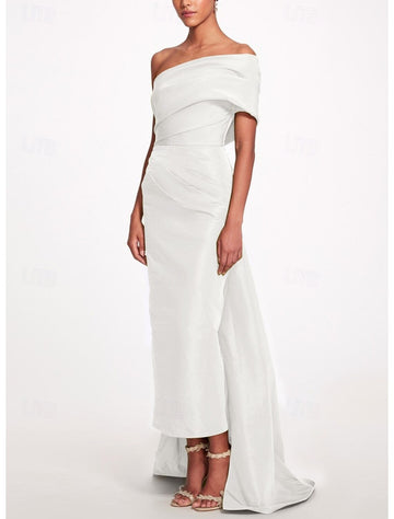 Sheath/Column Evening Dress Taffeta One-Shoulder Sleeveless Ankle-Length Evening Dress With Back Bow