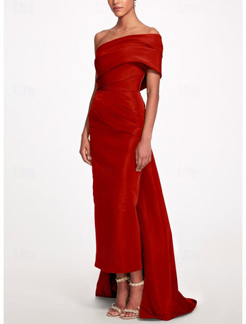 Sheath/Column Evening Dress Taffeta One-Shoulder Sleeveless Ankle-Length Evening Dress With Back Bow