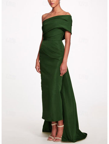 Sheath/Column Evening Dress Taffeta One-Shoulder Sleeveless Ankle-Length Evening Dress With Back Bow